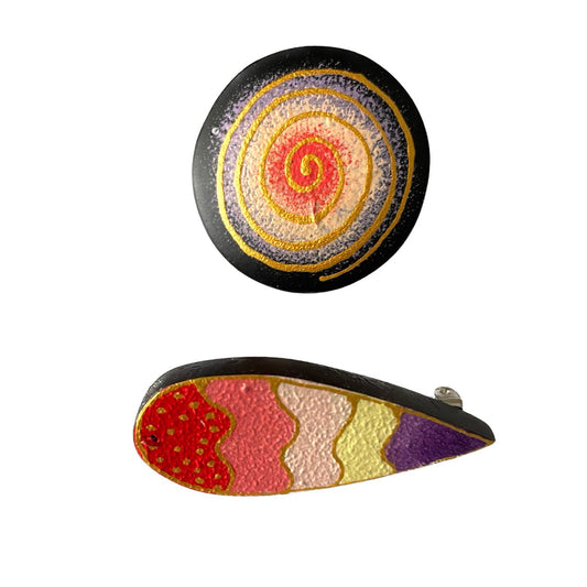 Teardrop and Round Wooden Tribal Brooch (Set of 2)
