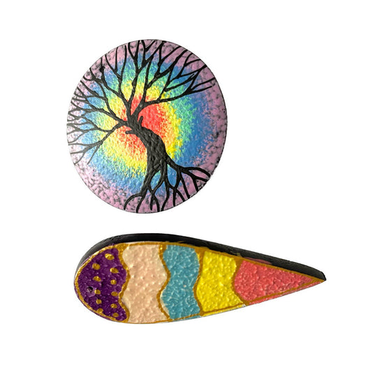 Teardrop and Round Tree Wooden Brooch (Set of 2)
