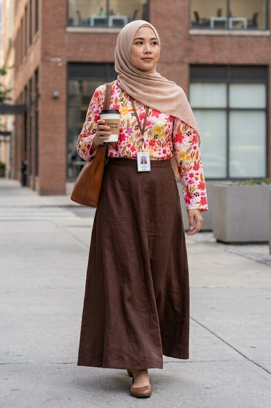 Woman in a floral blouse and brown skirt holding a coffee cup on a city street.