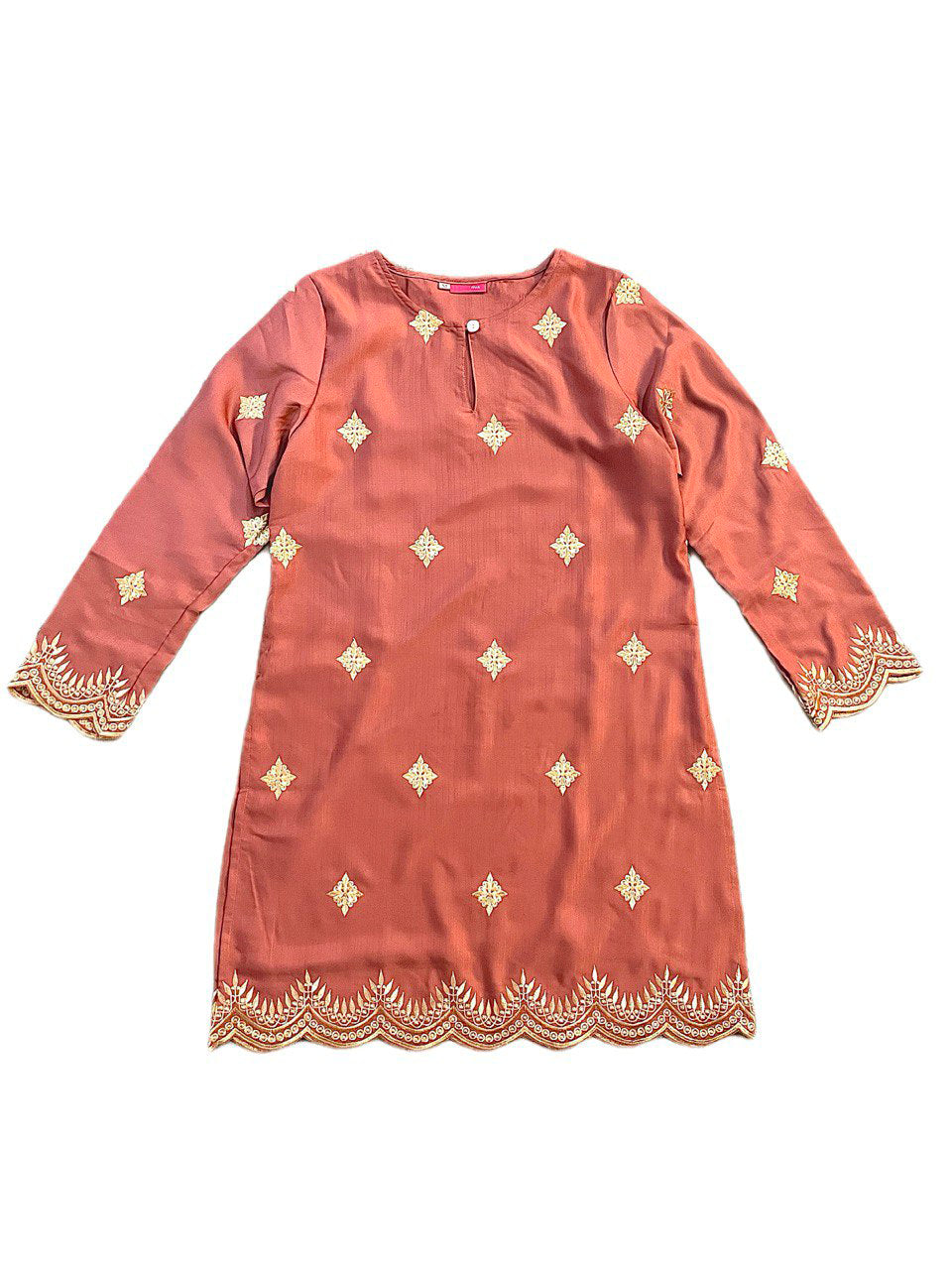 Pink long blouse with gold embroidery on a white background