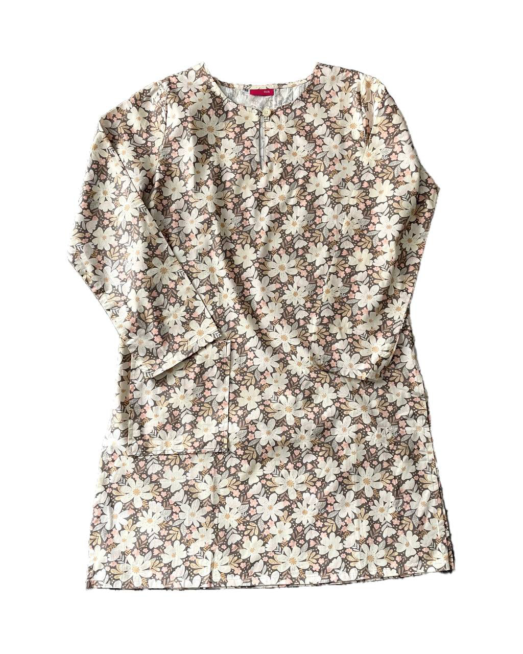 Floral patterned long blouse on a white background