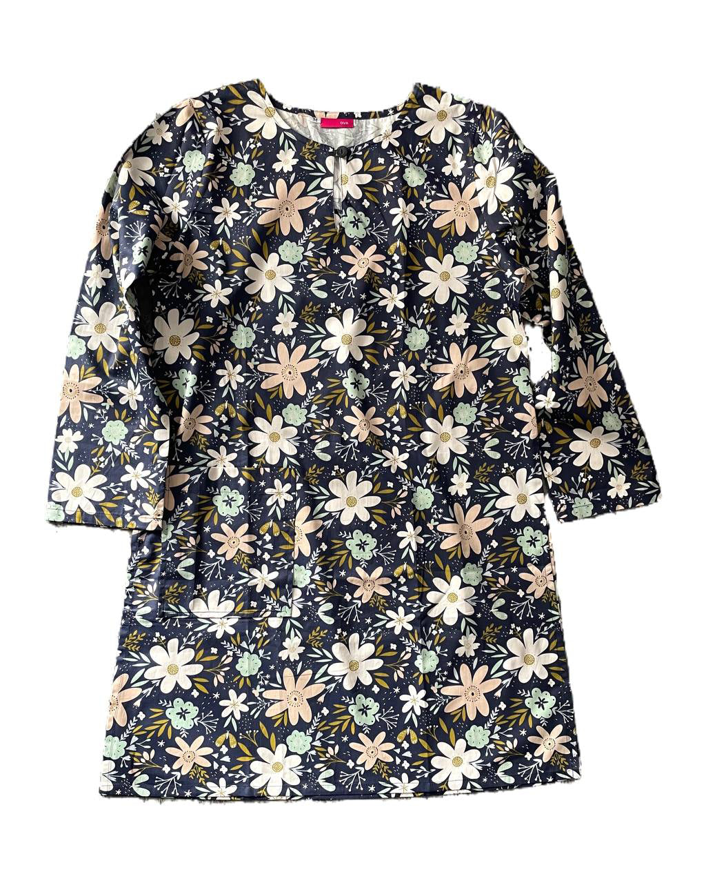 Floral long blouse with a pattern of dark blue flowers on a white background