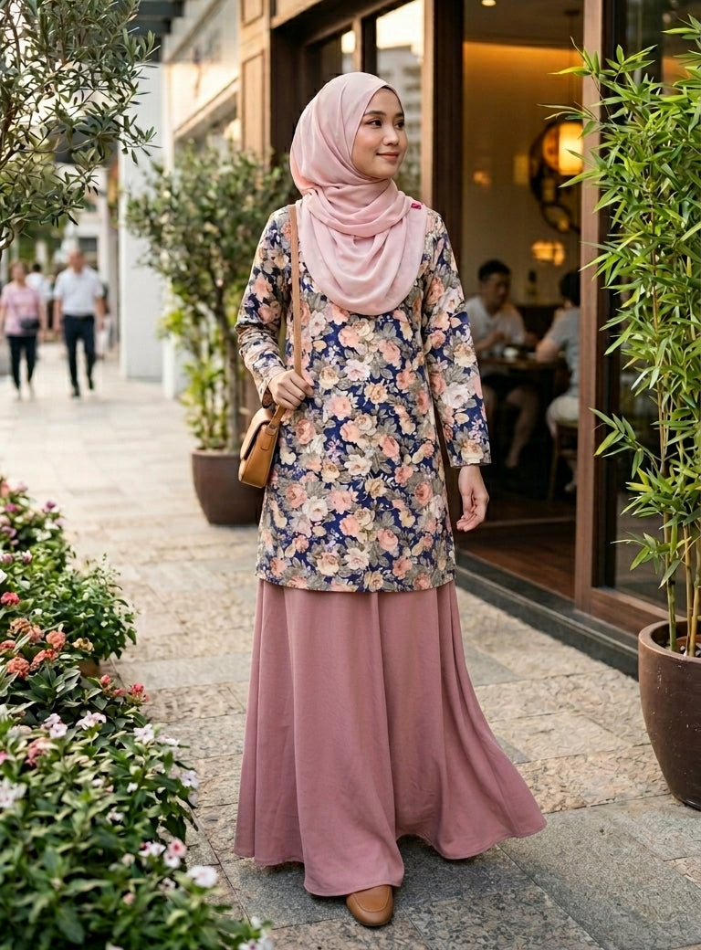 Woman in a floral dress and pink hijab walking outdoors near a building entrance.