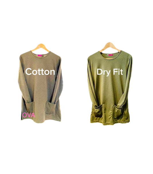 olive green cotton t shirt and olive green dry fit t shirt on a white background