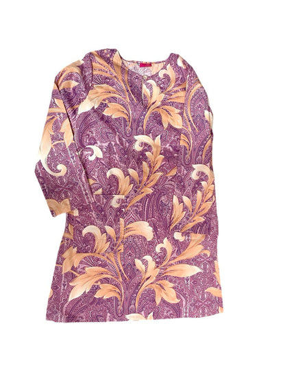 Purple long blouse with peach floral on a white background