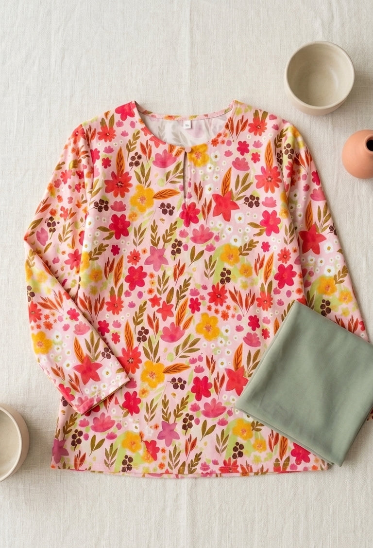A long-sleeve blouse with a vibrant multicolor floral print on a light pink base, styled flat-lay on a white textured fabric background with a sage green cloth and small ceramic cups.