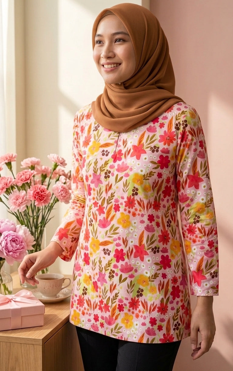 A woman wearing a brown hijab and a long-sleeve floral tunic top with a pink, red, yellow, and orange floral pattern, standing in a brightly lit room next to a table with flowers and a gift box.