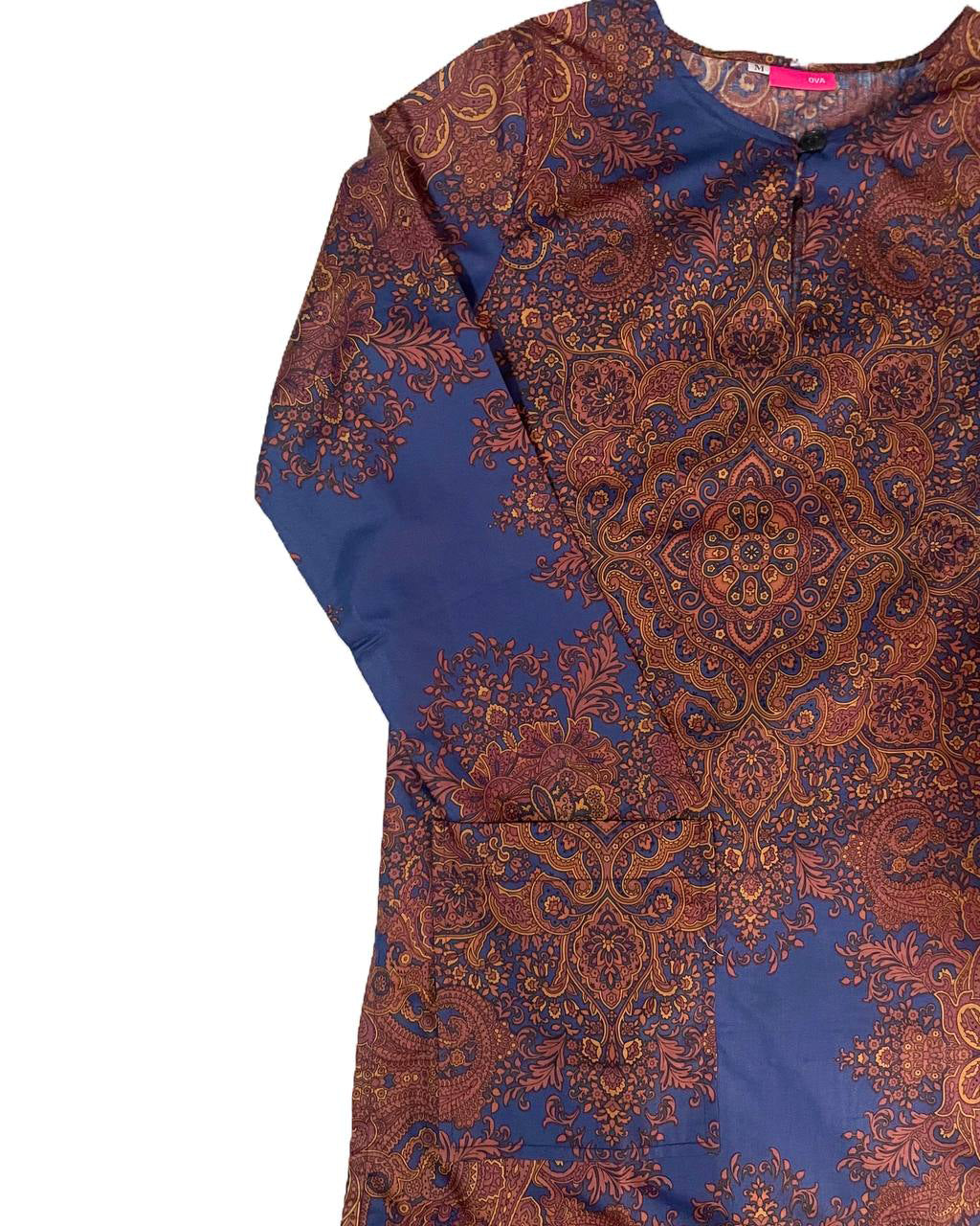 Close-up Long-sleeve long blouse with intricate paisley pattern on a white background