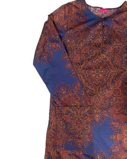 Close-up Long-sleeve long blouse with intricate paisley pattern on a white background