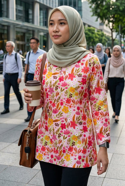 Woman in a floral blouse and hijab holding a coffee cup on a city street.