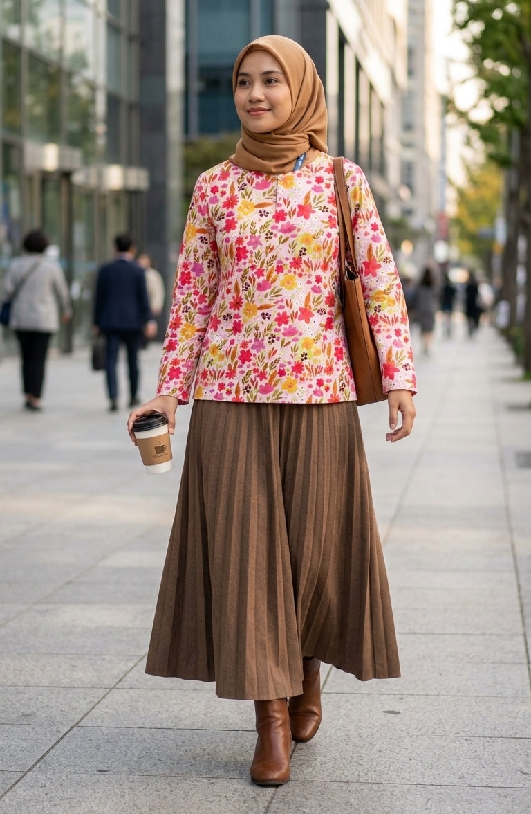 Woman in a floral blouse and brown pleated skirt walking on a city street.