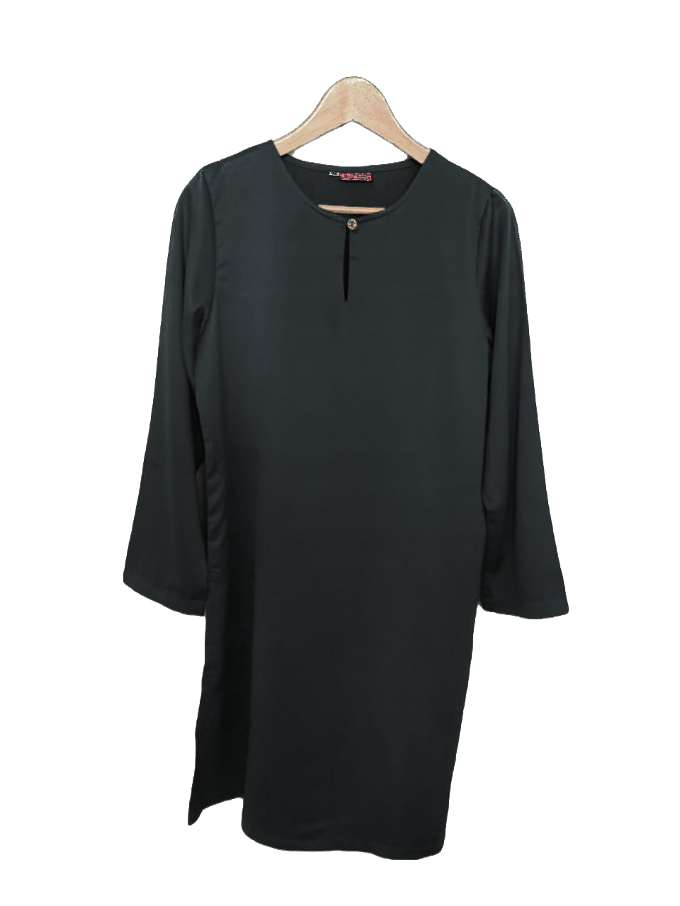 Blacklong blouse on a hanger against a white background