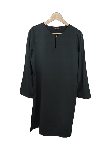 Blacklong blouse on a hanger against a white background