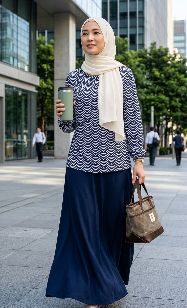 Woman in a patterned top and hijab holding a phone and bag in an urban setting