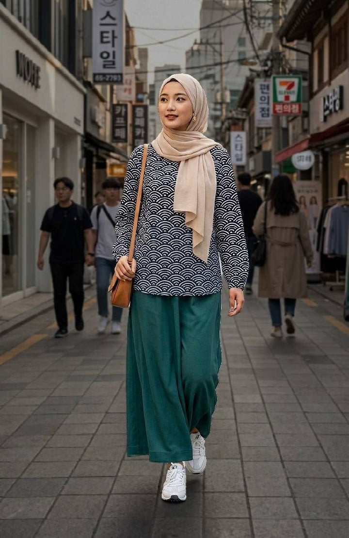 Woman with a blue waves printed blouse walking on a street in an urban setting with various signs and people around.