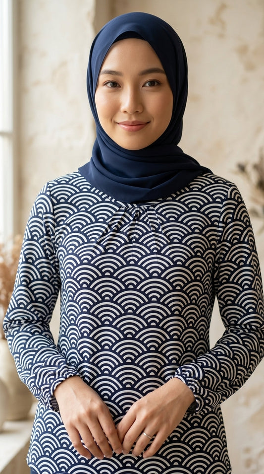 close up of a model wearing a blue waves cotton blouse with long sleeves