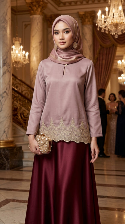 Woman in a pink top and maroon skirt with lace detail in an elegant interior setting.