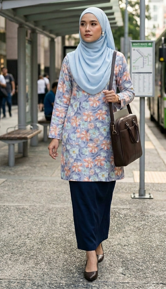 Woman wearing a floral dress and light blue hijab at a bus stop.