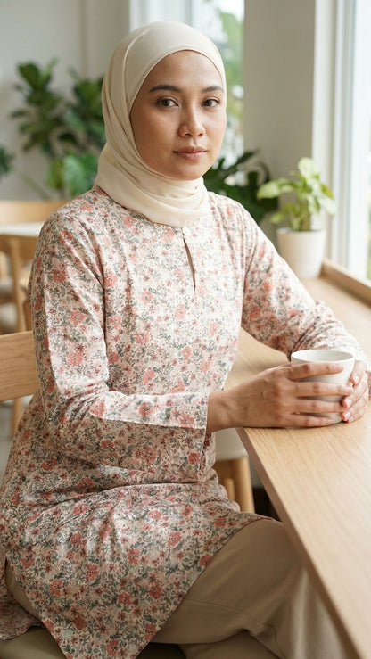 A woman wearing a beige hijab and a long-sleeve floral tunic sits at a wooden table in a bright indoor setting, holding a white cup.