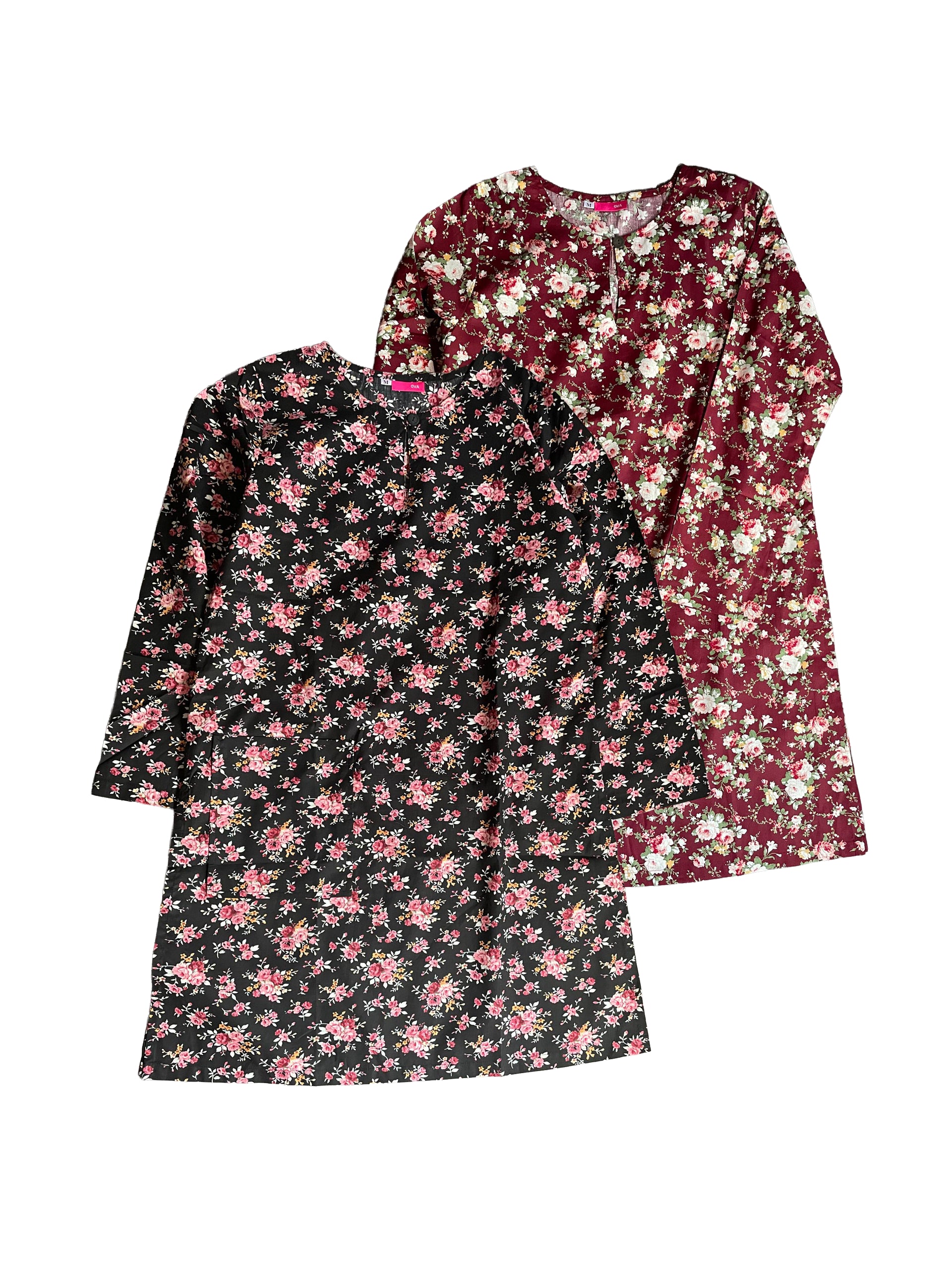 Two floral-patterned dresses on a white background