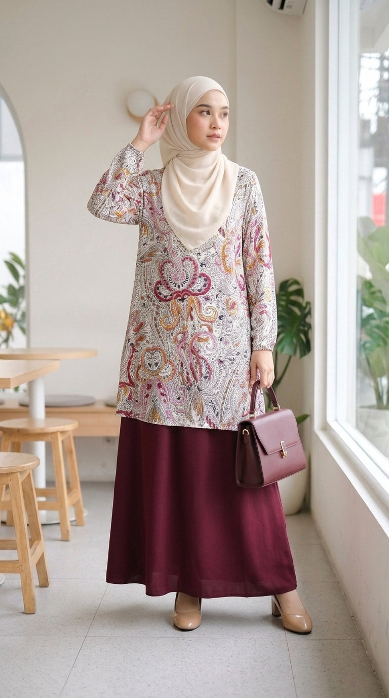 A woman wearing a beige hijab and a long-sleeve tunic with a colorful paisley pattern, paired with a dark burgundy maxi skirt, holding a brown handbag in a bright indoor setting.