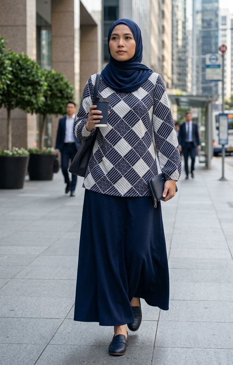 model wearing cotton printed blouse with a dark blue skirt holding coffee and carrying a bag with dark blue hijab walking in the streets to work