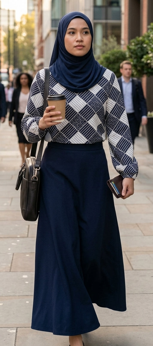 model wearing cotton printed blouse with a dark blue skirt holding coffee and carrying a bag with dark blue hijab walking in the streets to work