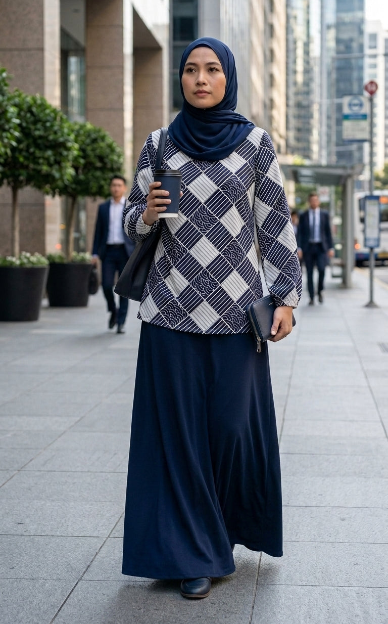 model wearing a printed blouse with a plain dark blue skirt with a coffee in her hand walking in the streets