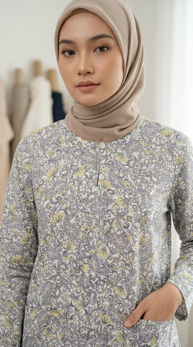 a close up of model wearing a floral light blue blouse with a pocket and light brown hijab