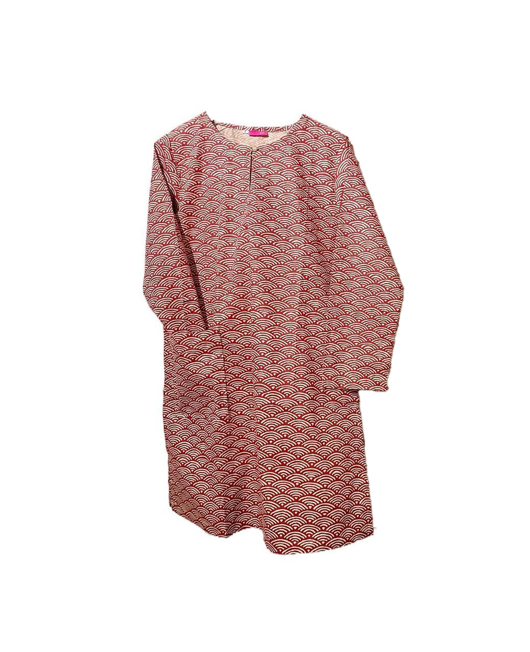 Long-sleeve long blouse with a dark red wave pattern on a white background