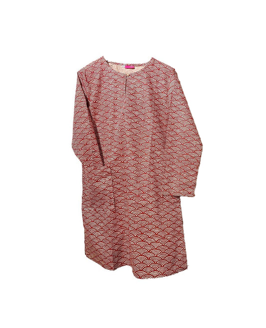 Long-sleeve long blouse with a dark red wave pattern on a white background