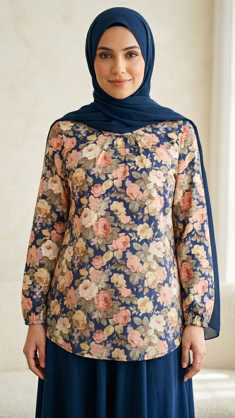 Woman wearing a floral blouse with long sleeves and a navy hijab against a neutral background