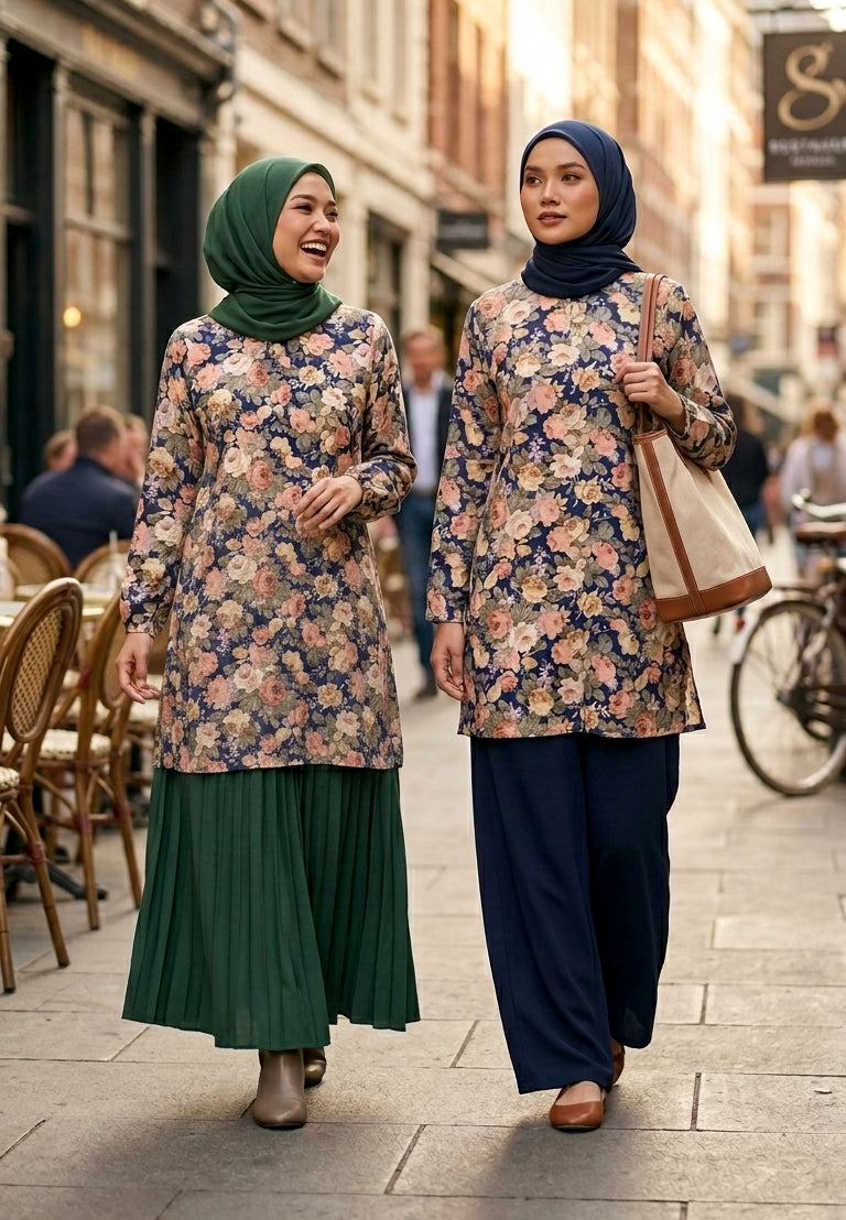 Two women in floral outfits walking on a street.