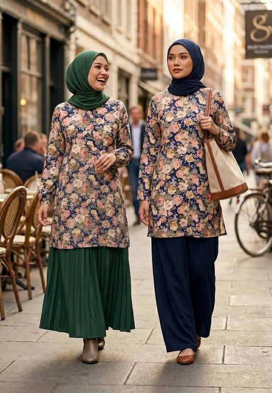 Two women in floral outfits walking on a street.