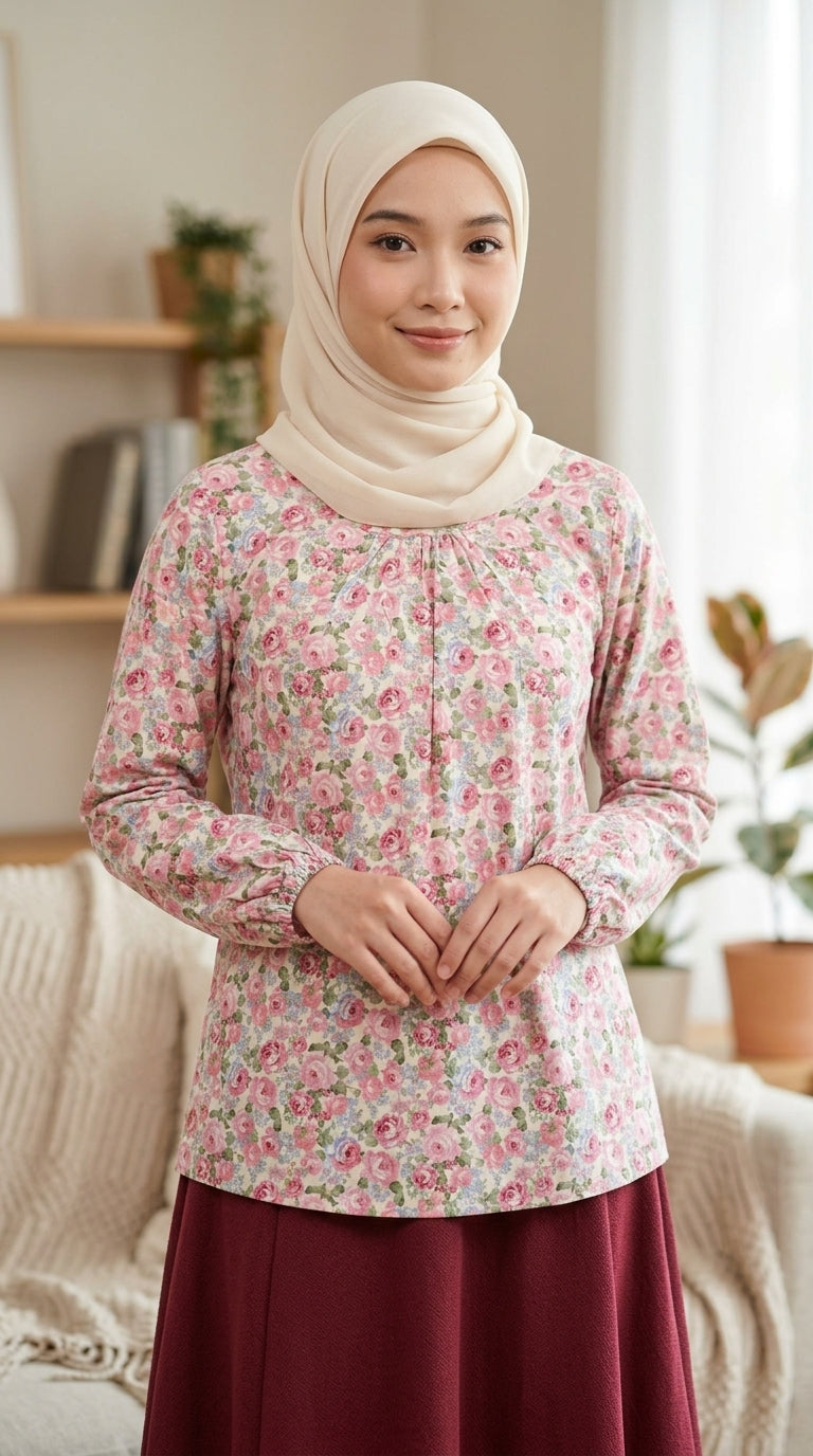 Woman wearing a floral blouse and hijab in a home setting