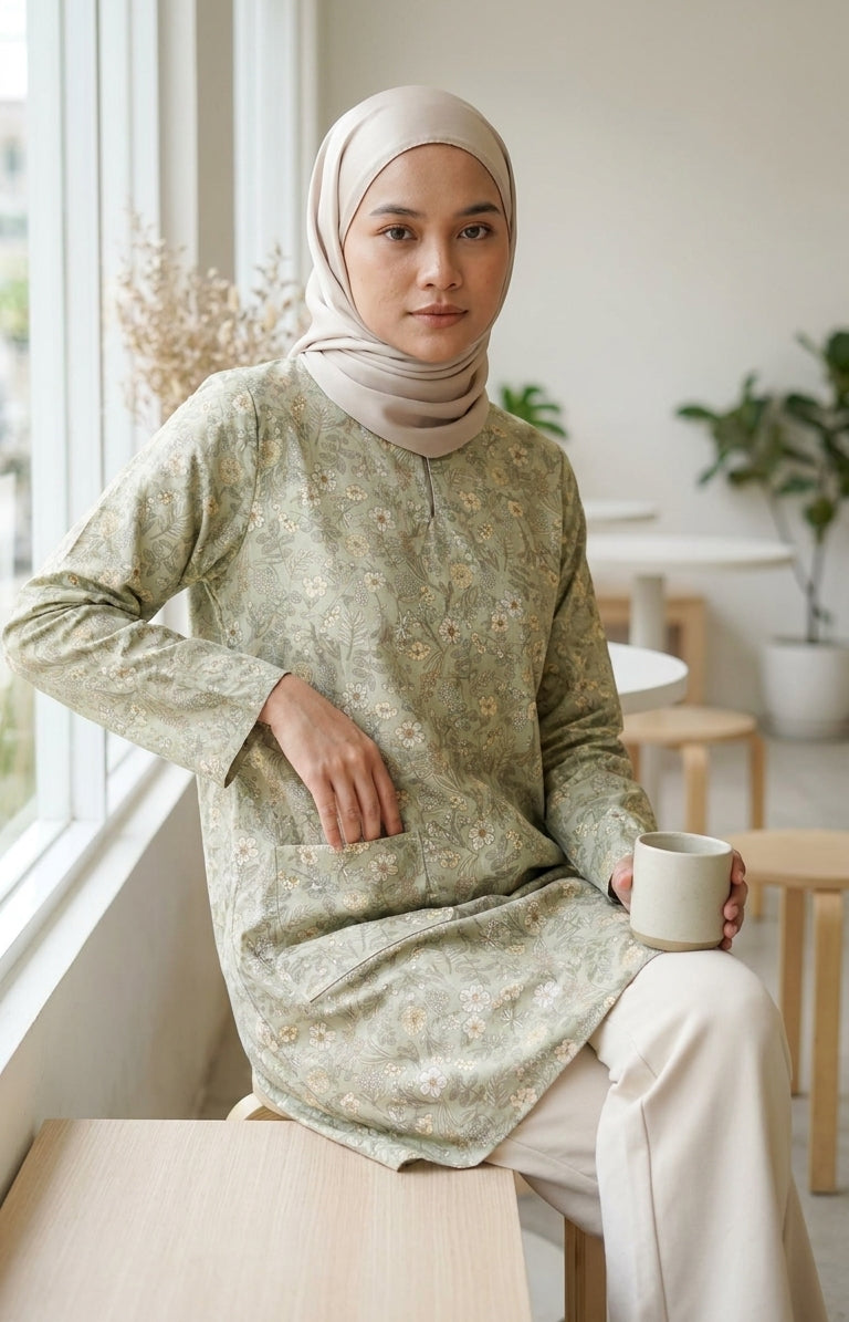 model sitting wearing a long sleeve blouse with sage floral with headscarf