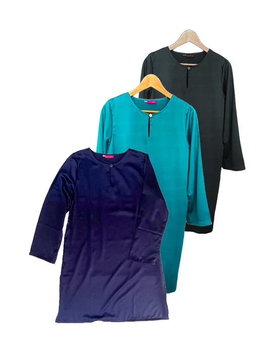 Three long-sleeve long blouses in black, teal, and dark blue on hangers against a white background.