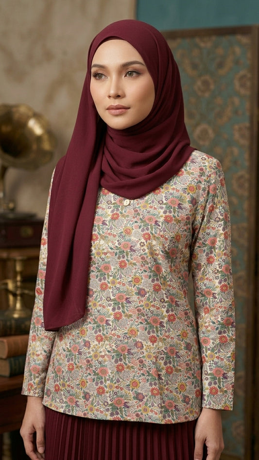 Woman wearing a floral blouse and maroon hijab in an indoor setting