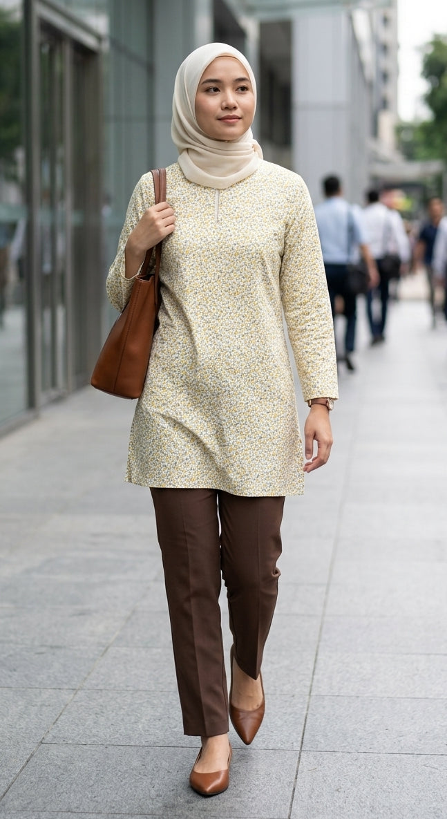 model wearing a floral light yellow blouse with a brown pants walking in a backdrop of office buildings