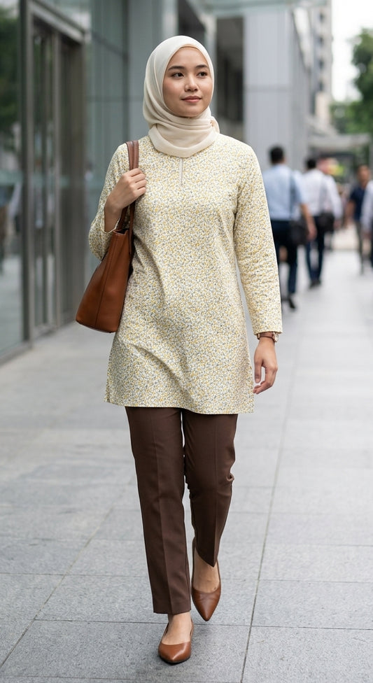 model wearing a floral light yellow blouse with a brown pants walking in a backdrop of office buildings