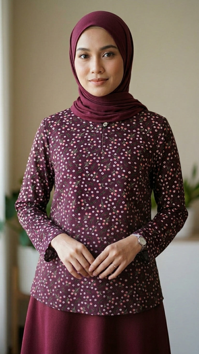 Woman wearing a maroon patterned top and hijab against a neutral background