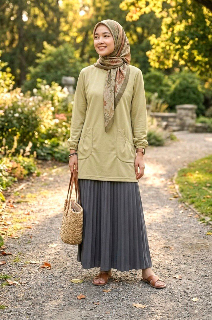 model with headscarf with a sand yellow t shirt and a skirt and a bag with a outdoors background