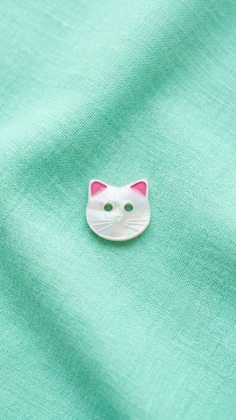 A small white cat-face button with pink ears with 2 holes, placed on a textured mint green fabric background.