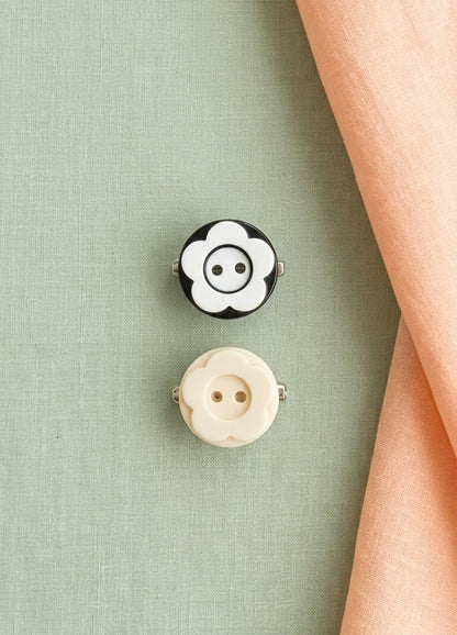 Two decorative buttons on a textured sage green background with a peach fabric accent. The top button is black and white with a flower design and a smiley face, and the bottom button is cream with a flower-like scalloped edge.