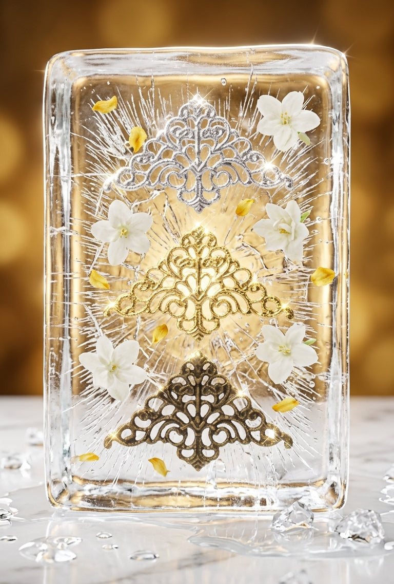 A clear rectangular glass block or decorative crystal piece with ornate filigree patterns in silver, gold, and bronze tones, surrounded by small white flowers and scattered yellow petals, set against a warm golden background.