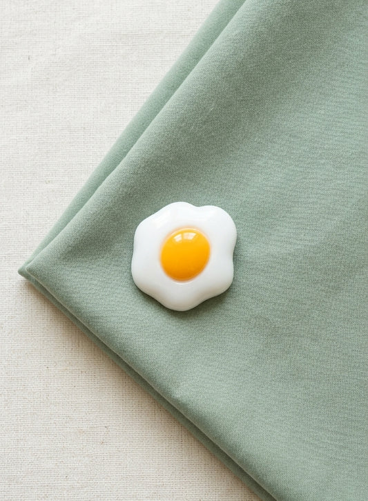 A small fried egg-shaped accessory with a white outer edge and bright yellow yolk, placed on a folded sage green fabric surface over a light beige textured background.