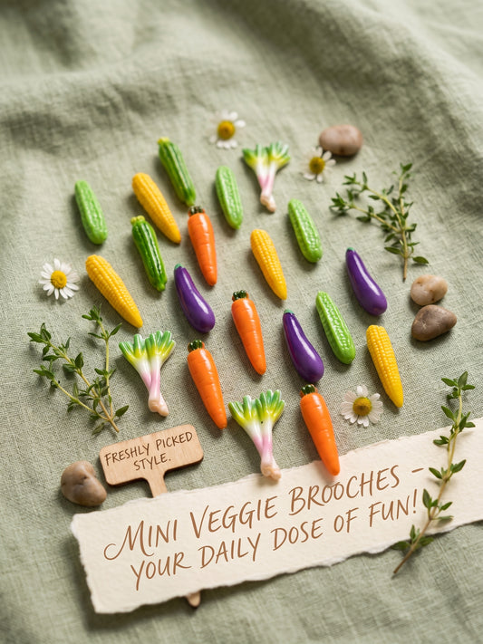 A styled flat-lay of miniature vegetable-shaped brooches arranged on a textured sage green fabric background, with small flowers, stones, and a torn paper tag reading 'MINI VEGGIE BROOCHES YOUR DAILY DOSE OF FUN!'. The brooches include carrots, corn, eggplants, and turnips in bright colors.