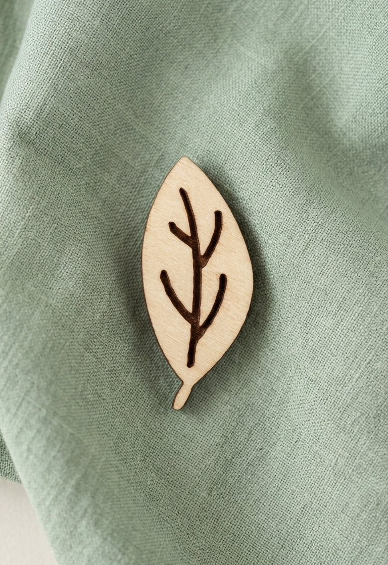 A small natural wood leaf-shaped brooch with a dark brown engraved leaf vein design, resting on a textured sage green fabric background.