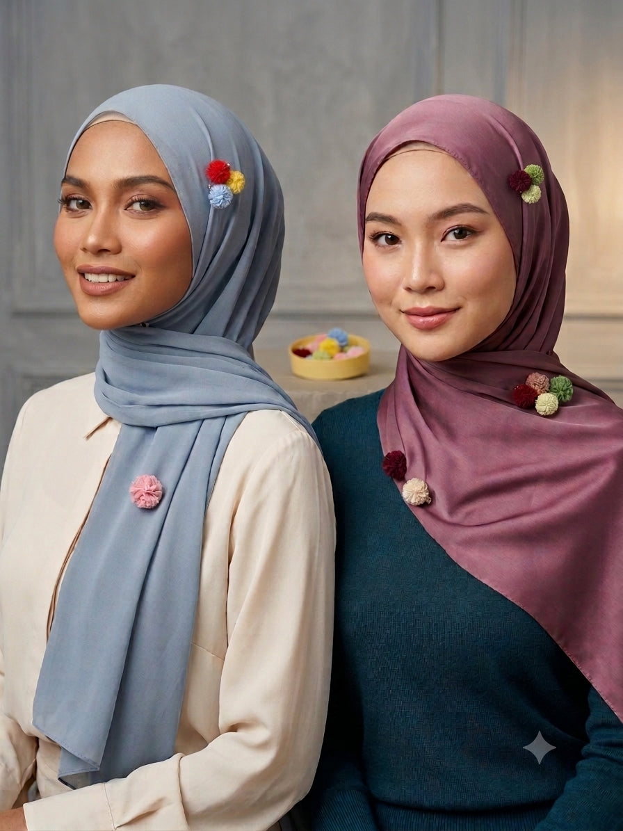 Two women wearing hijabs with decorative pins, one in gray and the other in purple, against a neutral background.