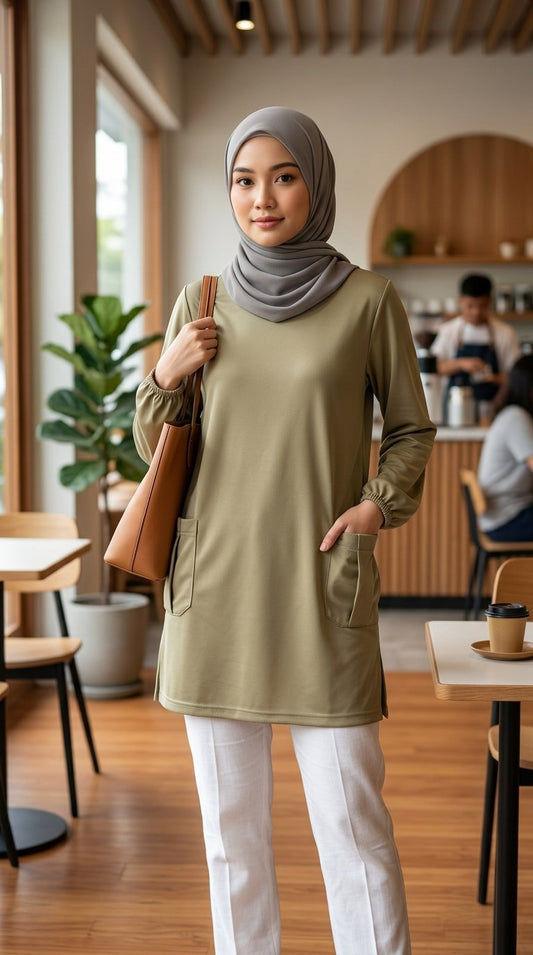 Woman in a greyish beige top and white pants standing in a modern cafe.